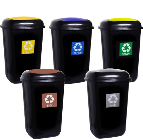 Zestaw Koszy do Segregacji 5 szt. Quatro 28L – Papier, Plastik, Szkło, Bio i Odpady Zmieszane