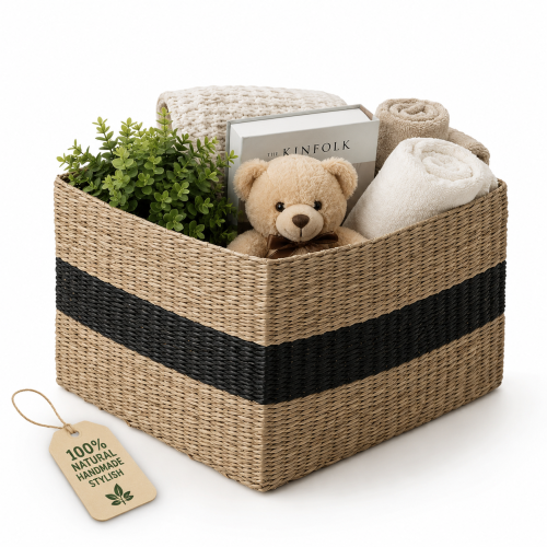 Kosz Pleciony z Trawy Morskiej 35x31x21 cm – Organizer Pojemnik na Zabawki i Tekstylia