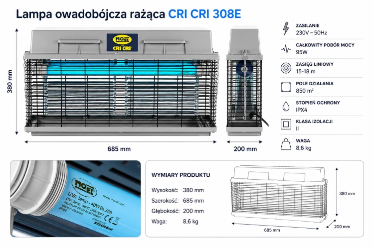 Lampa Owadobójcza Rażąca CRI CRI 308E Profesjonalna na Muchy Komary Owady