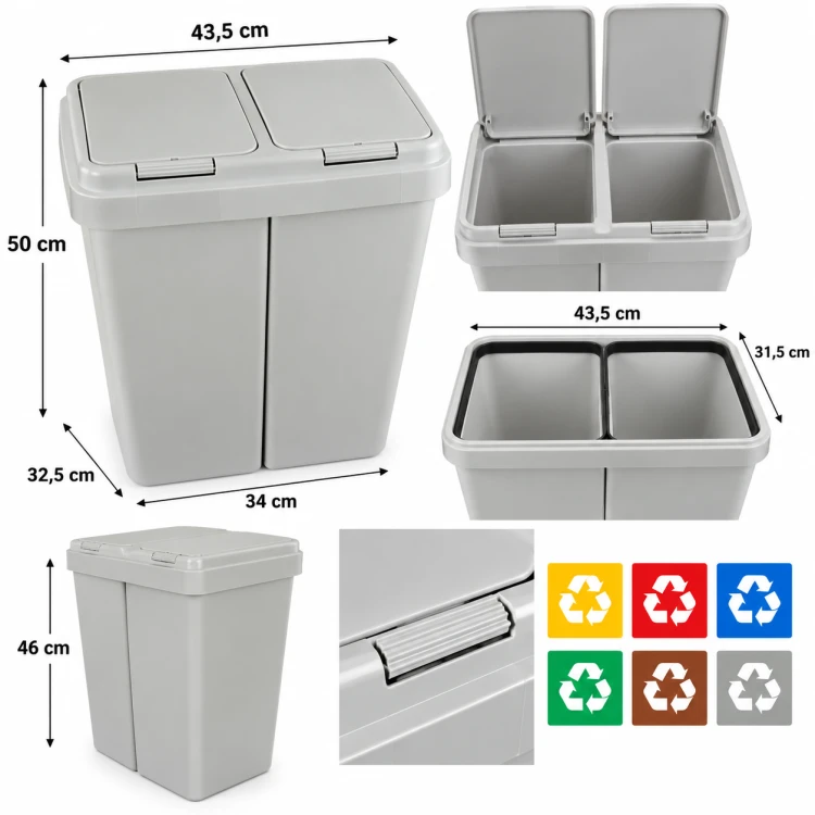 Kosz na śmieci do segregacji 50L DUO 2x25L dwukomorowy + naklejki