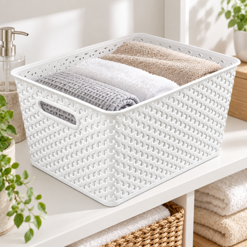 Koszyk 18L Biały Organizer Rattan Plecionka do Szafy Łazienki 35,5x28,5x22 cm