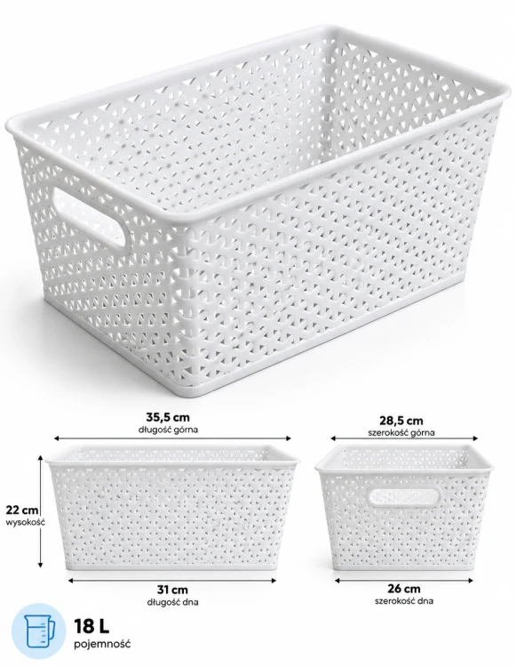 Koszyk 18L Biały Organizer Rattan Plecionka do Szafy Łazienki 35,5x28,5x22 cm