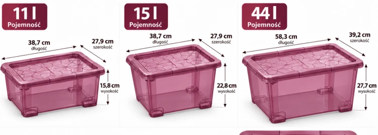 Zestaw 3 pojemników Rotho EVO EASY 44L 15L 11L z pokrywkami wiśniowe
