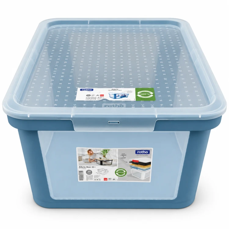 Rotho ALBRIS Pojemnik do przechowywania 45L z pokrywą, przezroczysty, niebieski Horizon Blue