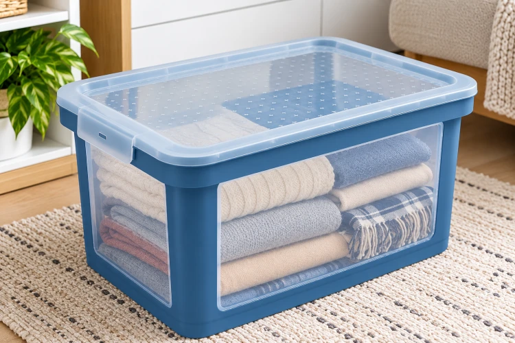 Rotho ALBRIS Pojemnik do przechowywania 45L z pokrywą, przezroczysty, niebieski Horizon Blue