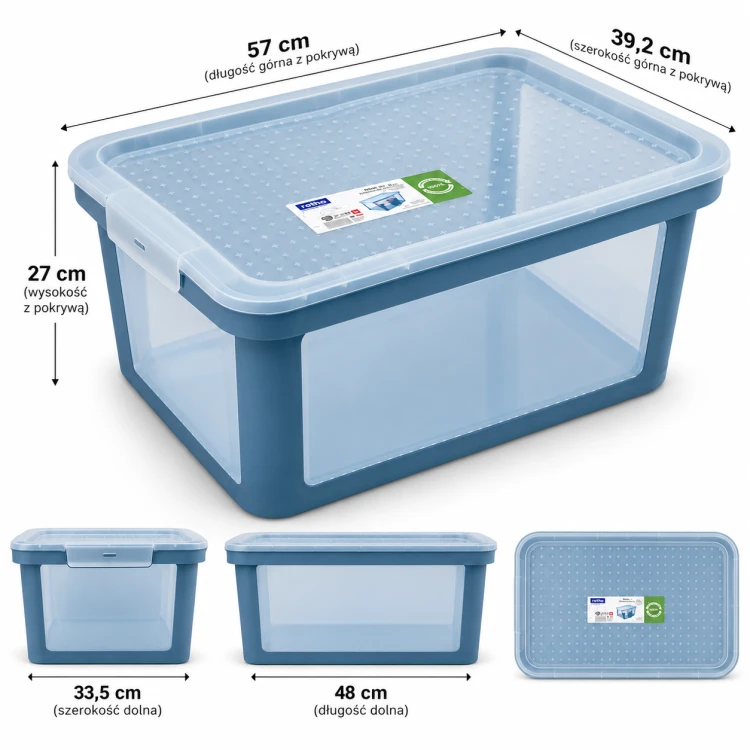 Rotho ALBRIS Pojemnik do przechowywania 45L z pokrywą, przezroczysty, niebieski Horizon Blue