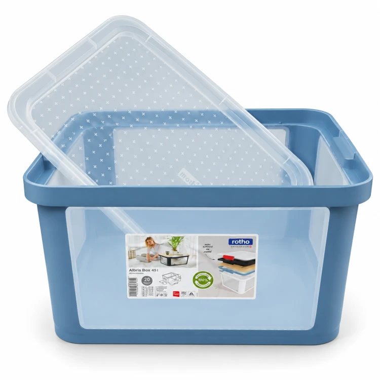 Rotho ALBRIS Pojemnik do przechowywania 45L z pokrywą, przezroczysty, niebieski Horizon Blue